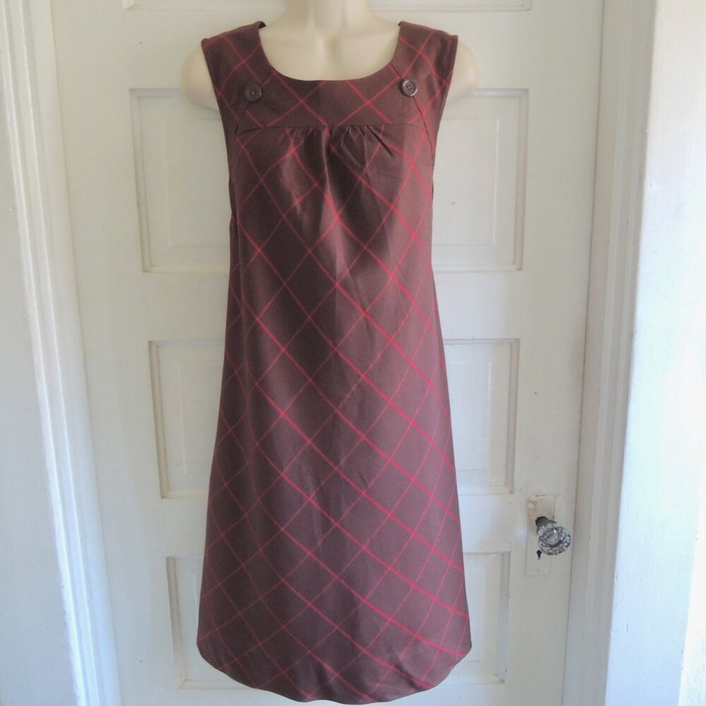 Anthro Maeve Brown & Red Silk Blend Windowpane Shift Dress 12